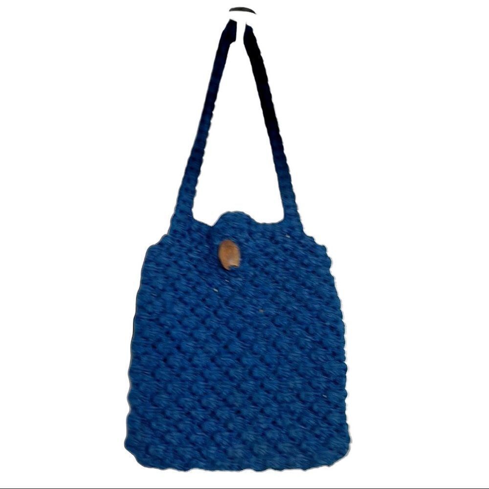 Vintage Crochet Handcrafted Wood Button Blue Handbag 1970s